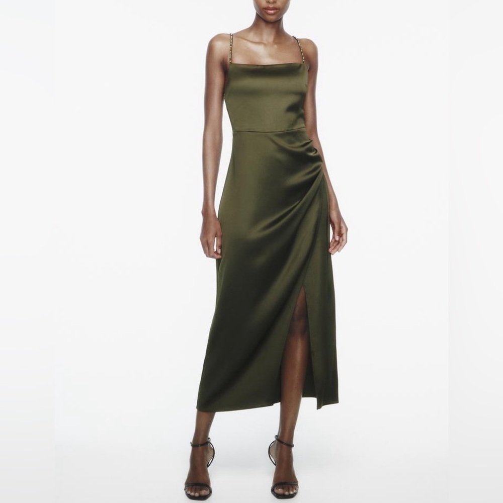 NWT Zara Green Satin Effect Midi Wrap Dress Sz Large Beaded Straps